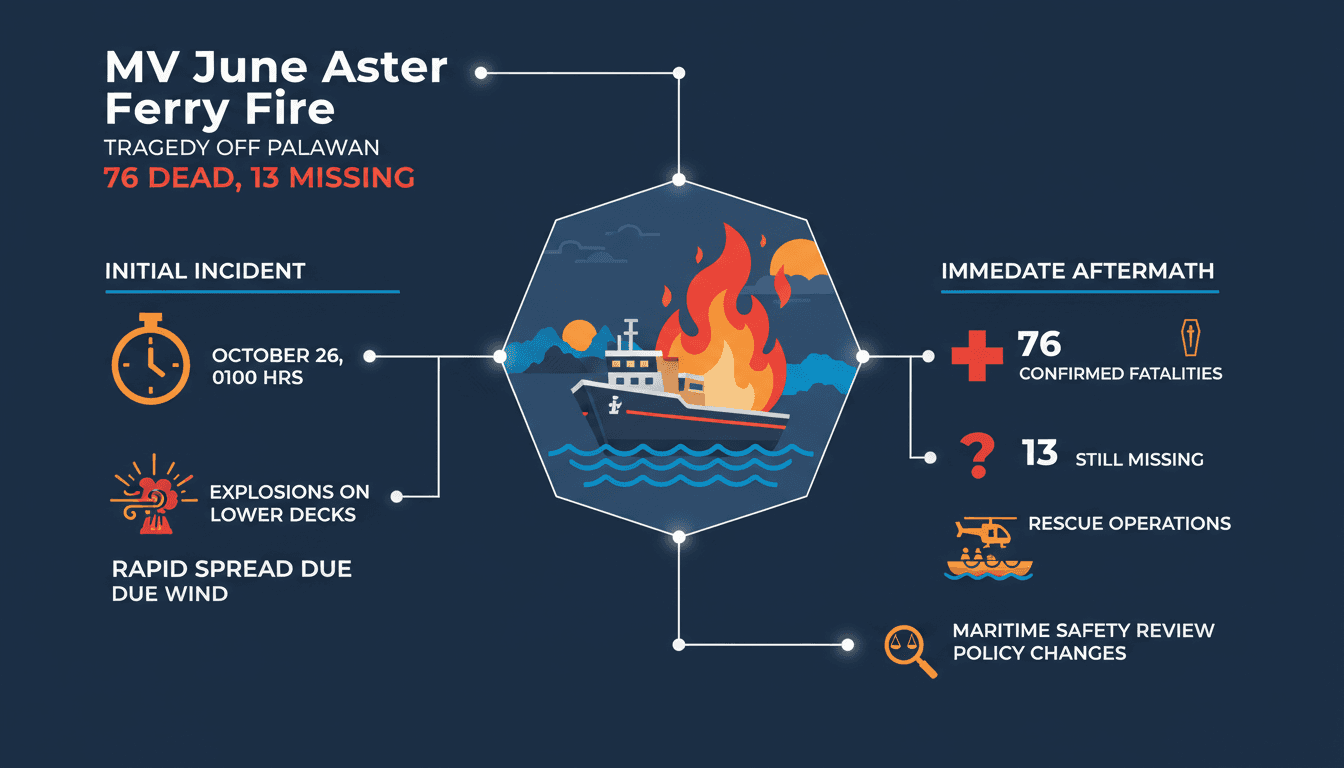 A graphic illustrating the MV June Aster ferry fire incident and its impact on maritime safety.