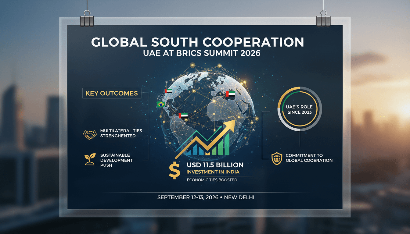 Infographic detailing UAE's investments and key outcomes from the BRICS Leaders Summit.