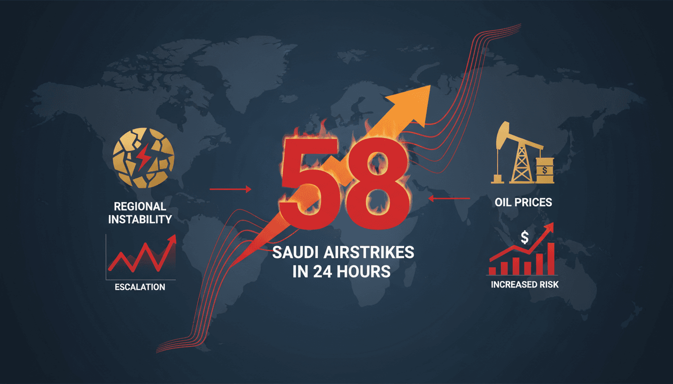 Infographic detailing Houthi claims of airstrikes and their implications for global oil markets and shipping routes.