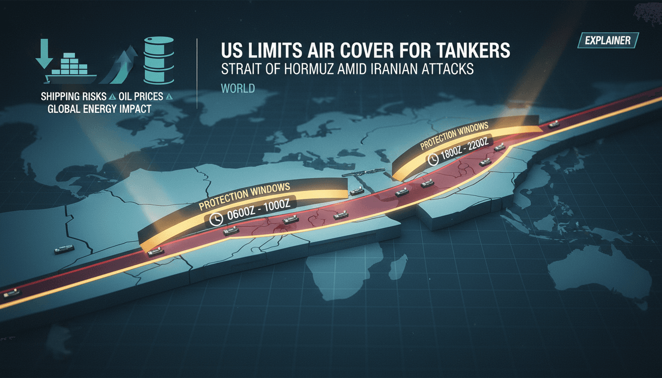 An infographic showing the Strait of Hormuz with new US protection windows and shipping routes.