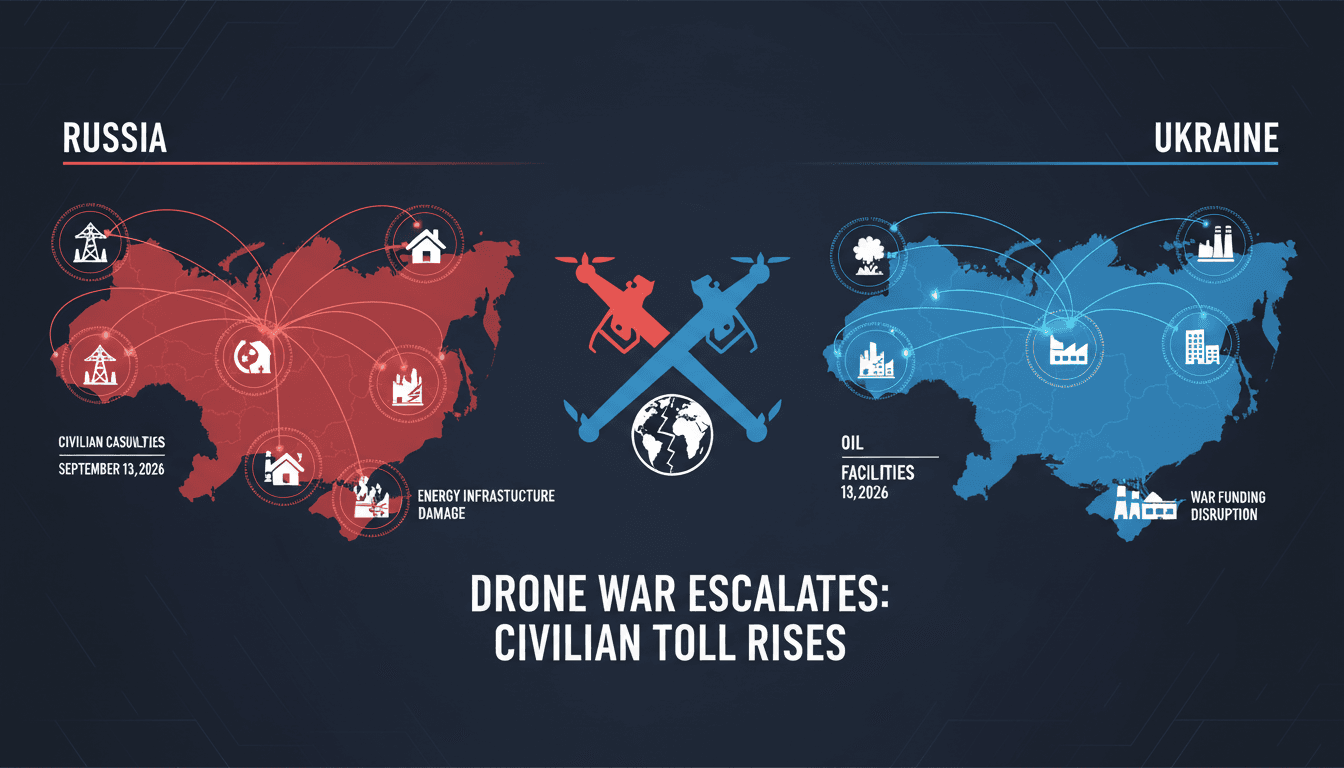 A visual representation of the drone strikes between Russia and Ukraine, highlighting civilian and energy infrastructure impacts.