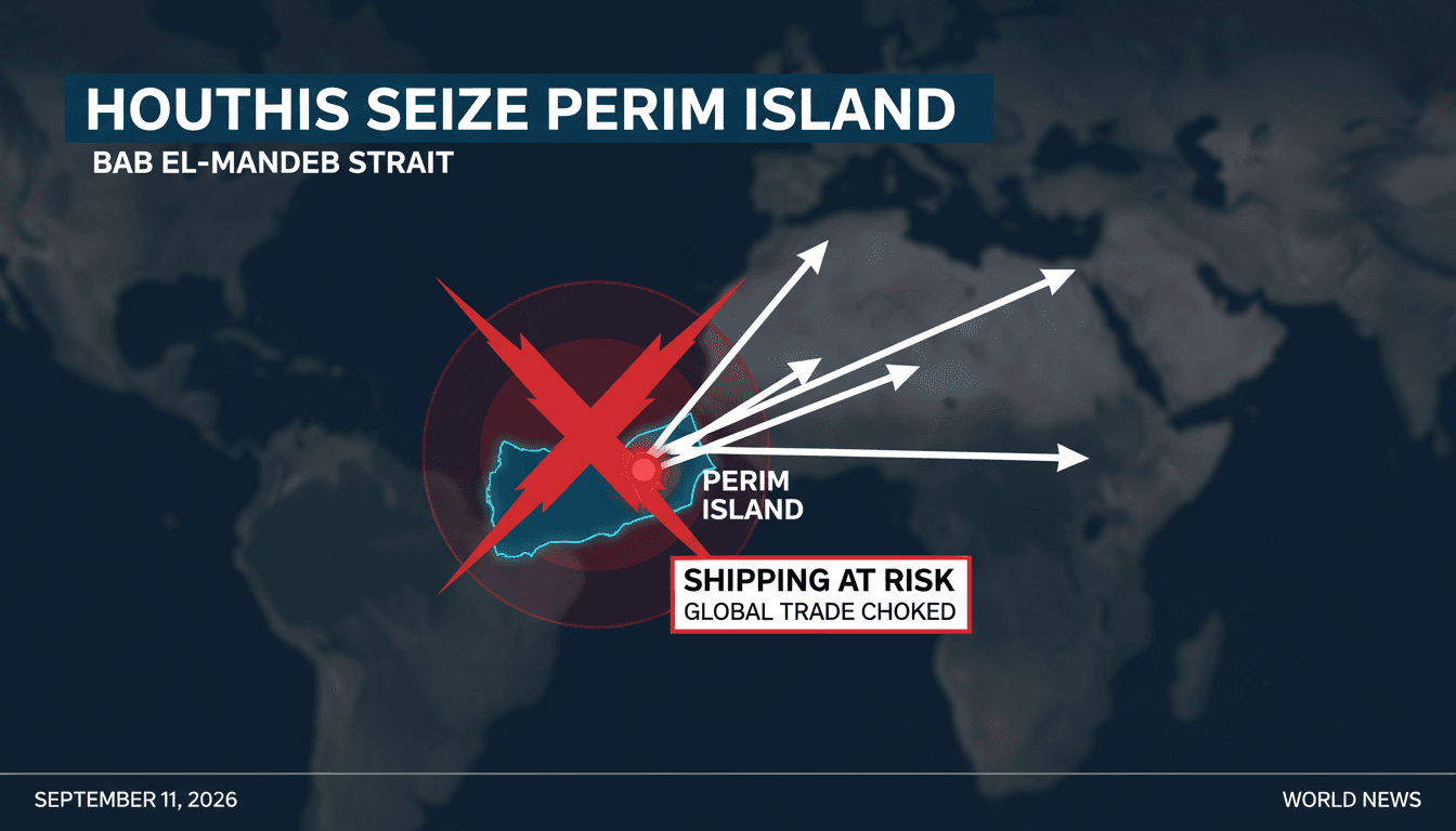 Map highlighting Perim Island's strategic location in the Bab el-Mandeb Strait and its implications for global shipping.