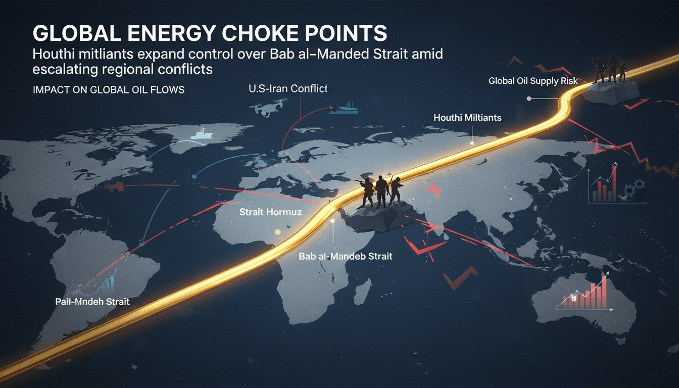 Map showing the Bab al-Mandeb Strait and its significance in global oil supply amidst Houthi control.