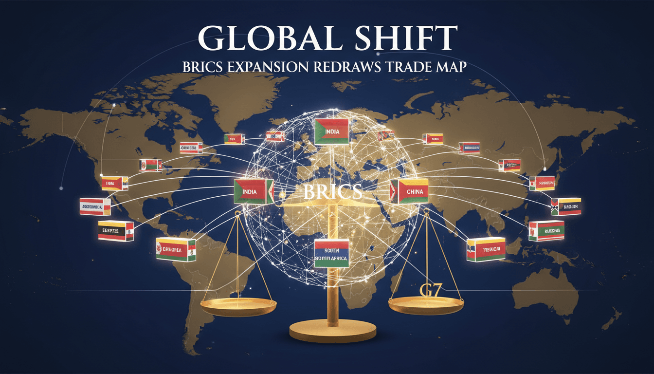 Leaders at the BRICS Summit in India discussing global trade and diplomacy.