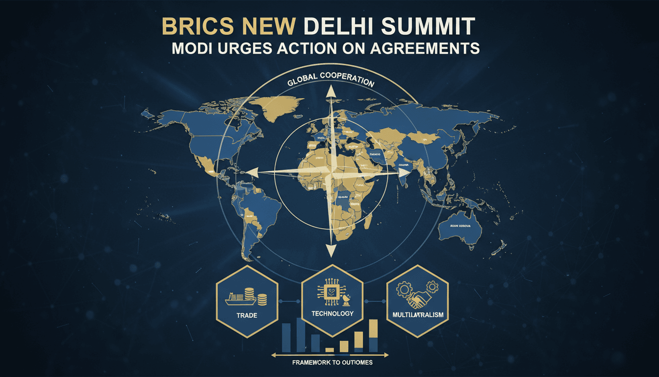 Infographic of BRICS member countries and key initiatives from the 2026 summit.
