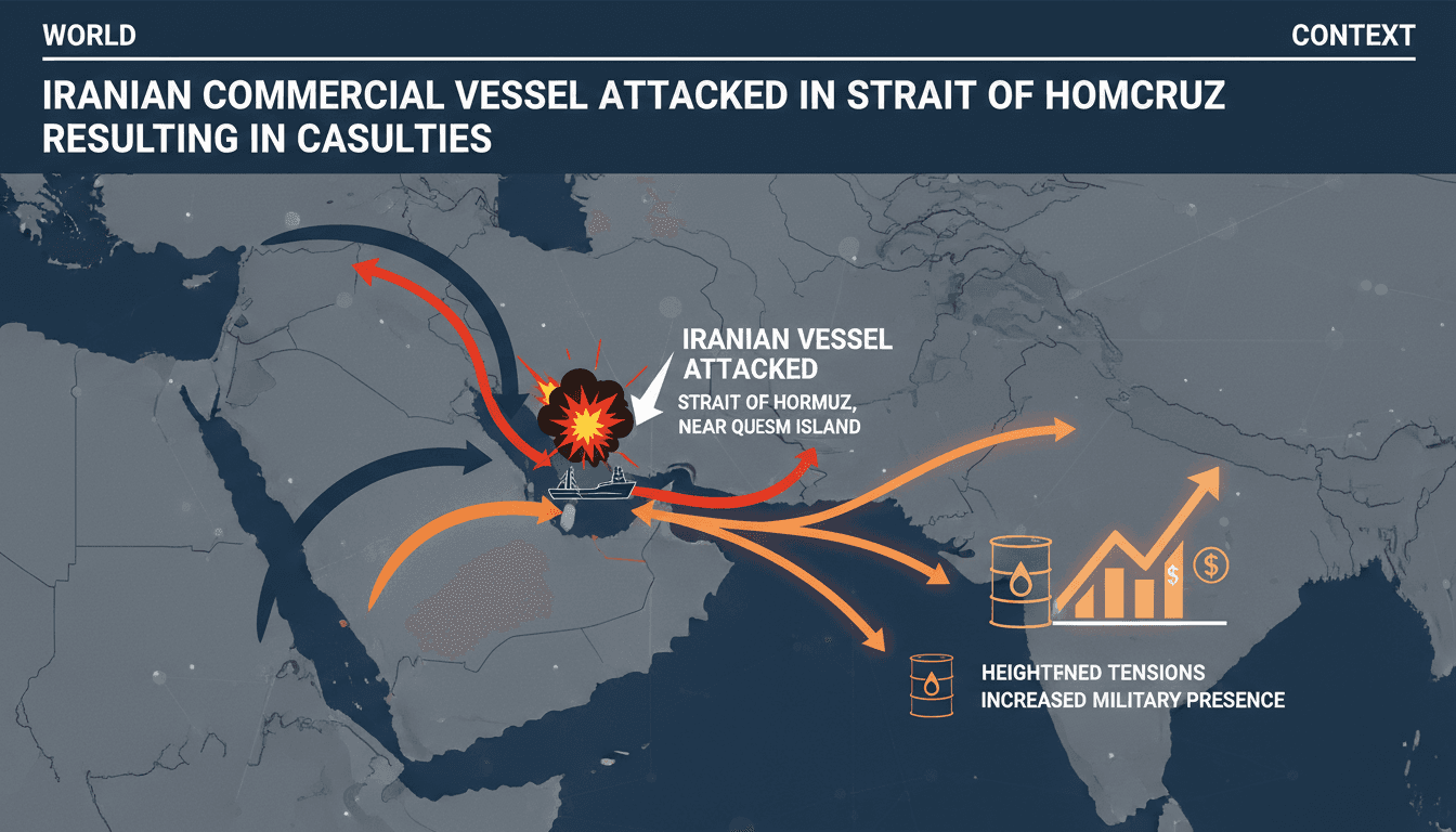 Map highlighting the location of the Iranian vessel attack near Qeshm Island in the Strait of Hormuz.