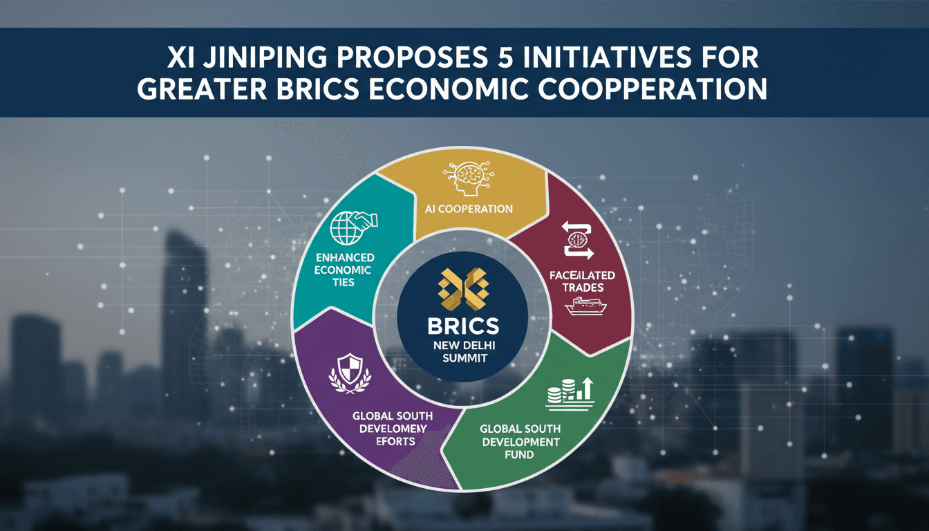 Infographic detailing Xi Jinping's five initiatives for the Greater BRICS economic cooperation.