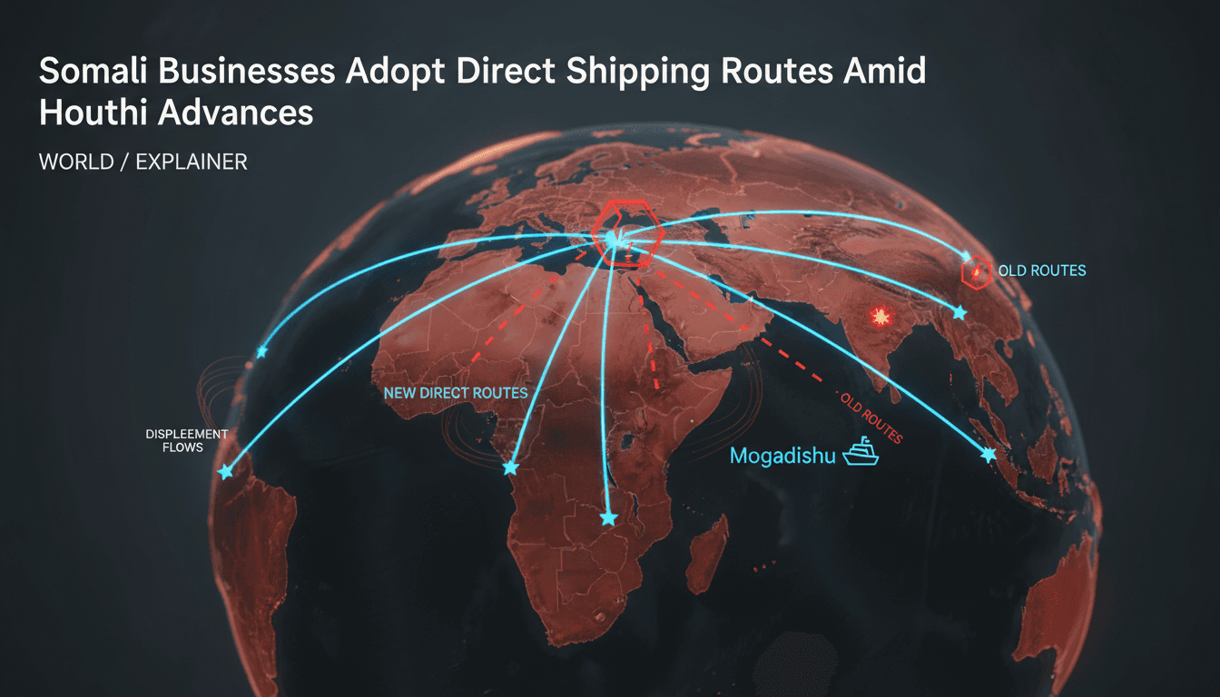 A map showing new direct shipping routes from Asia to Somalia, highlighting maritime chokepoints affected by Houthi advances.
