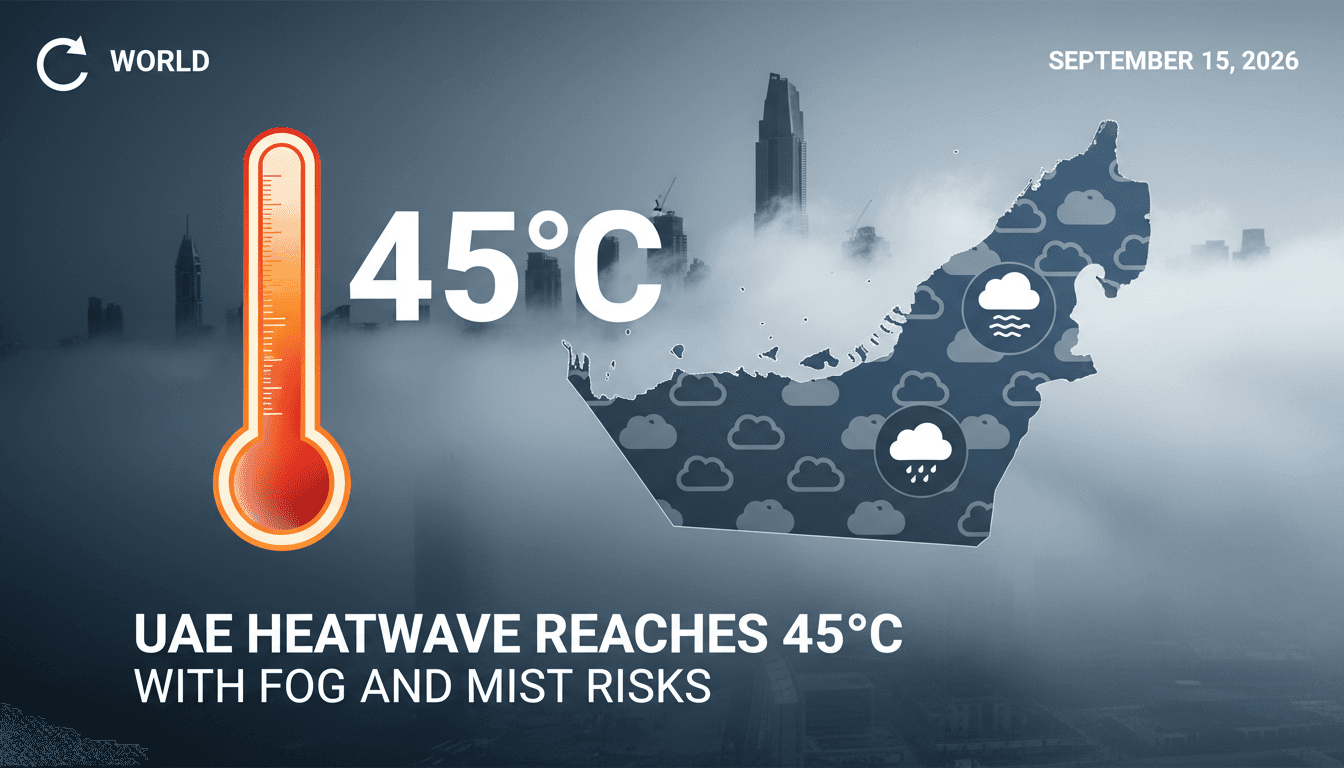 A weather graphic showing the UAE's peak temperature of 45°C with fog and mist icons.