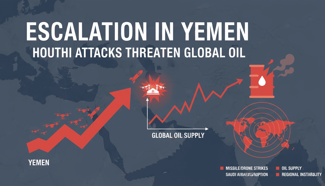 A map highlighting the Houthi missile strikes on Saudi Arabia and their implications for global oil supply.