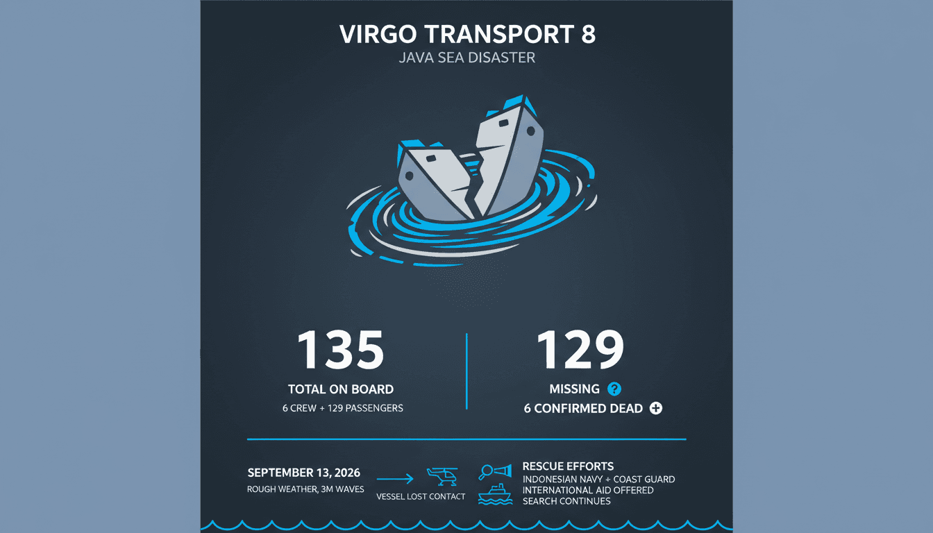 Rescue operations for the Virgo Transport 8 ferry capsizing in the Java Sea, highlighting the number of missing individuals.