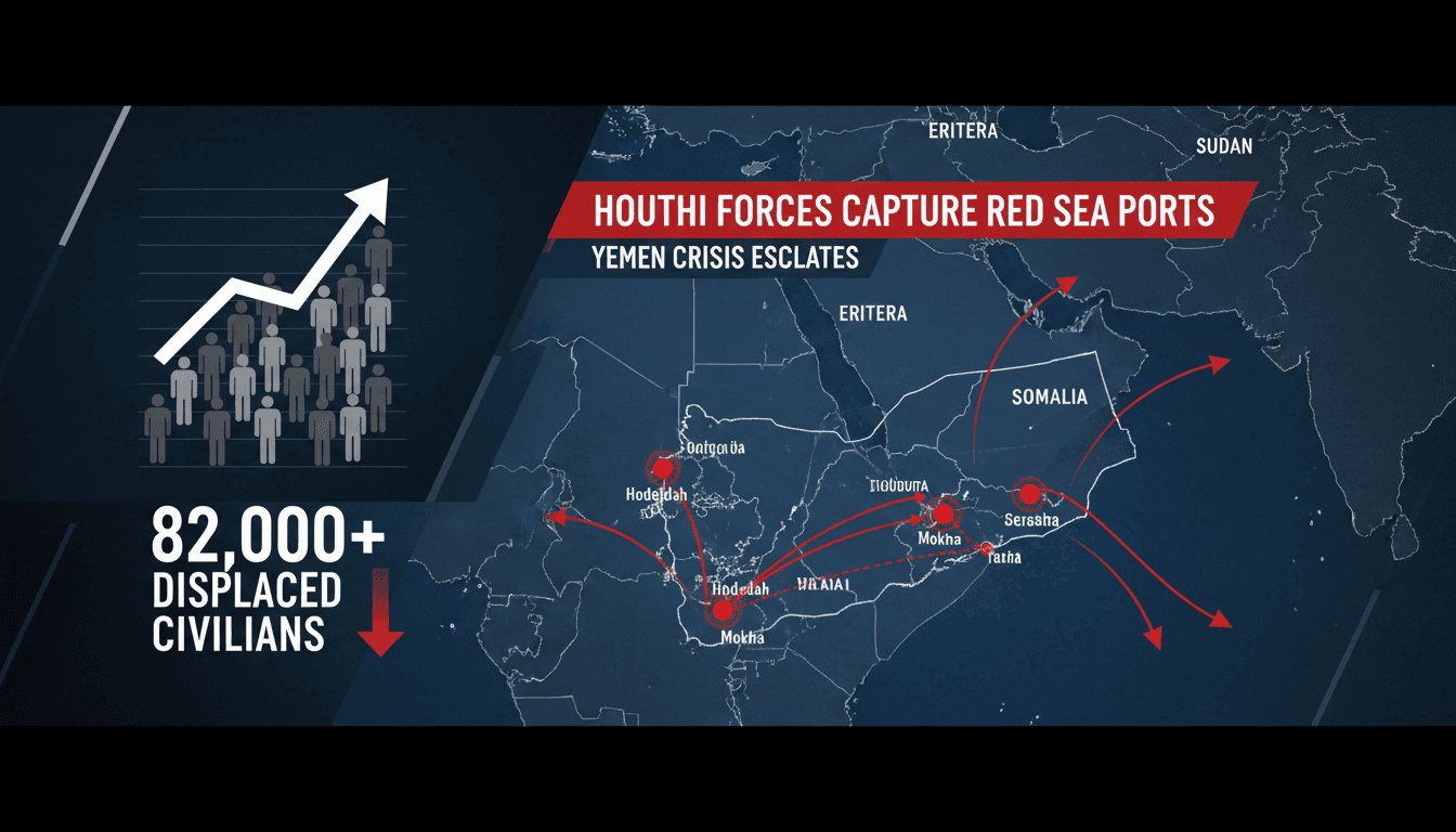 Map showing Houthi advances on Yemen's Red Sea coast and civilian displacement statistics.