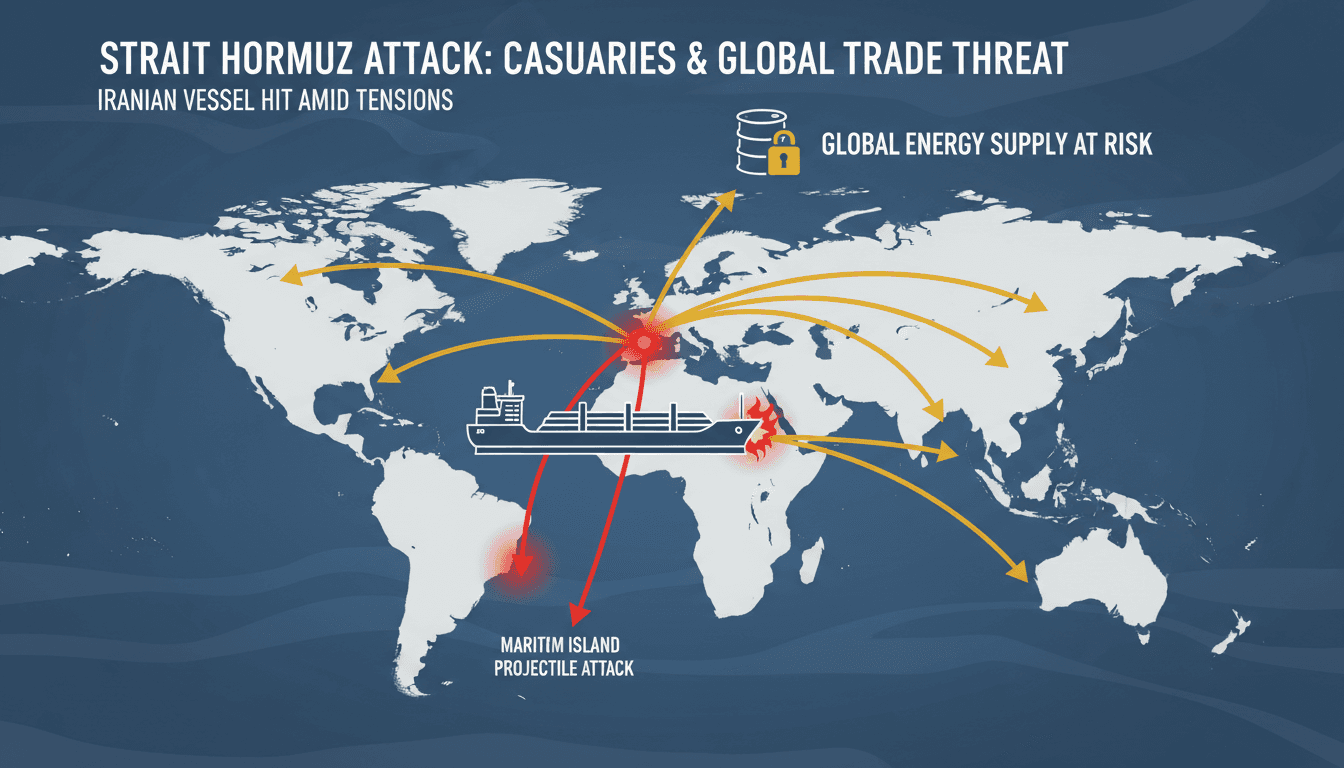 Map highlighting the Strait of Hormuz and the location of the maritime attack on an Iranian commercial vessel.