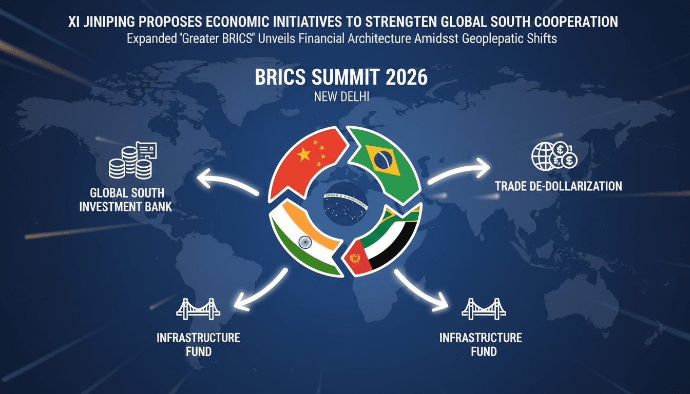 Infographic showing expanded BRICS membership and economic initiatives led by Xi Jinping.