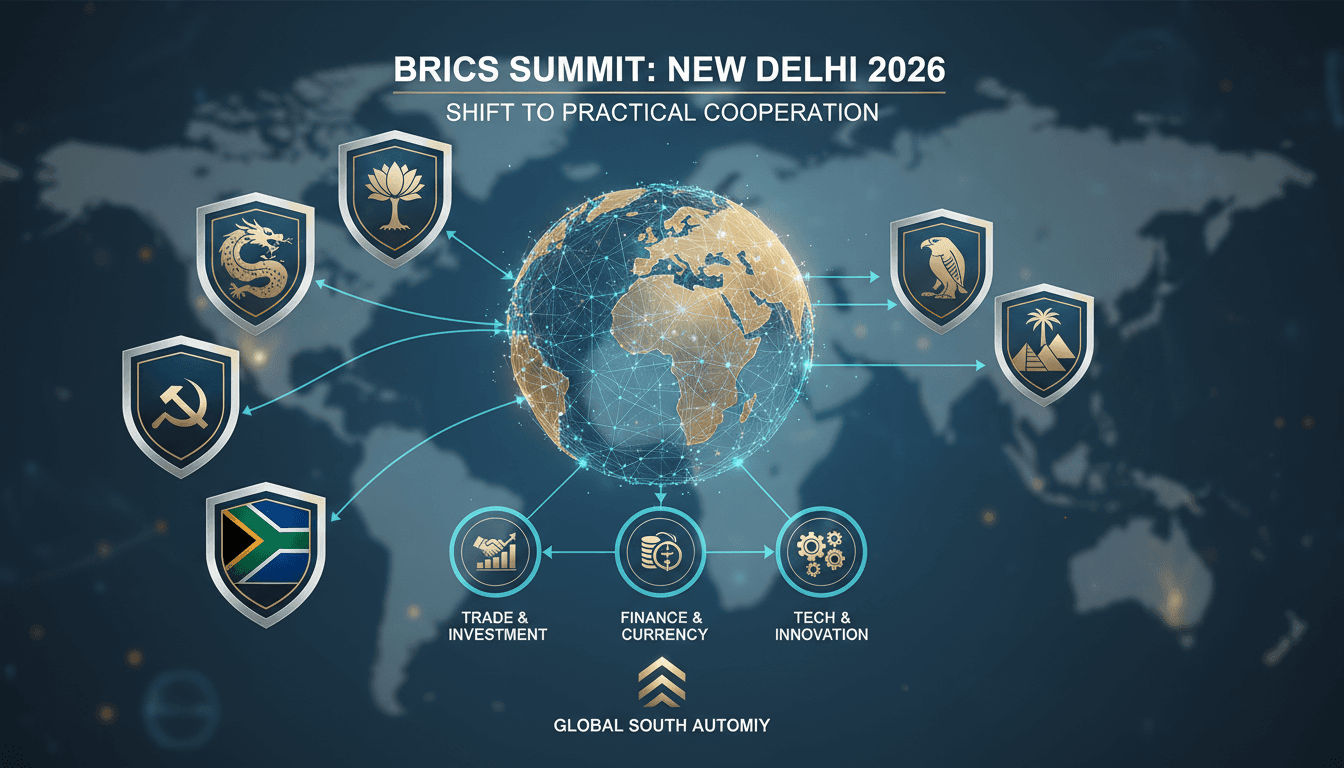 Infographic showing BRICS expansion and initiatives from the 2026 New Delhi Summit.
