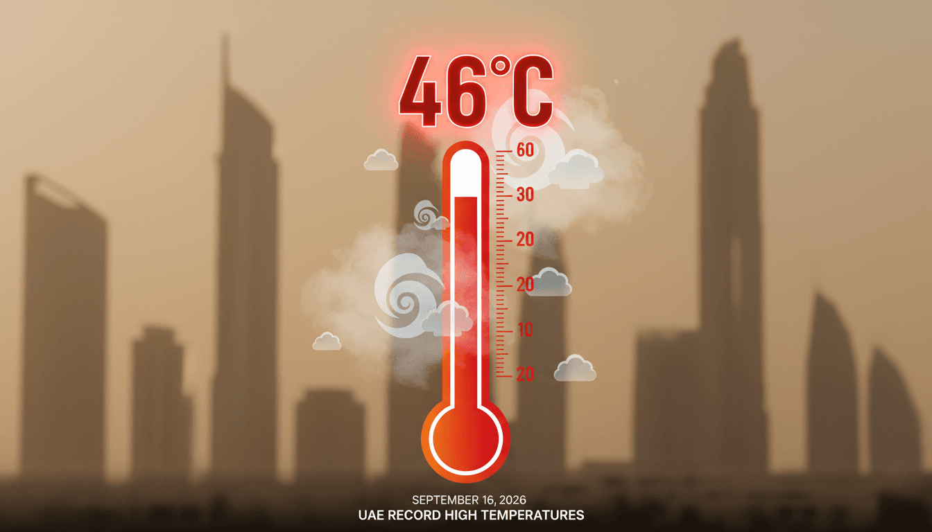 A weather graphic showing UAE temperatures reaching 46°C with fog and humidity icons.