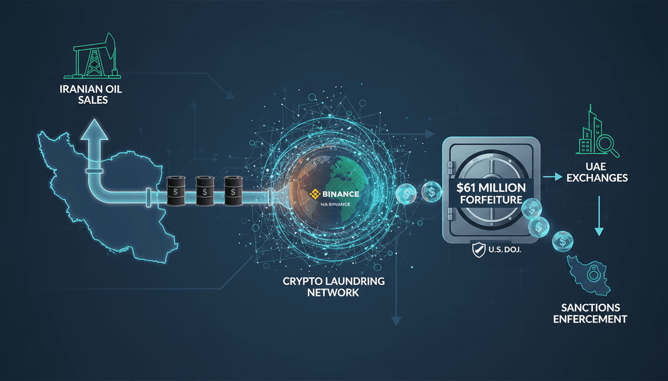 Infographic showing the flow of funds from Iranian oil sales through cryptocurrency networks, highlighting laundering processes.