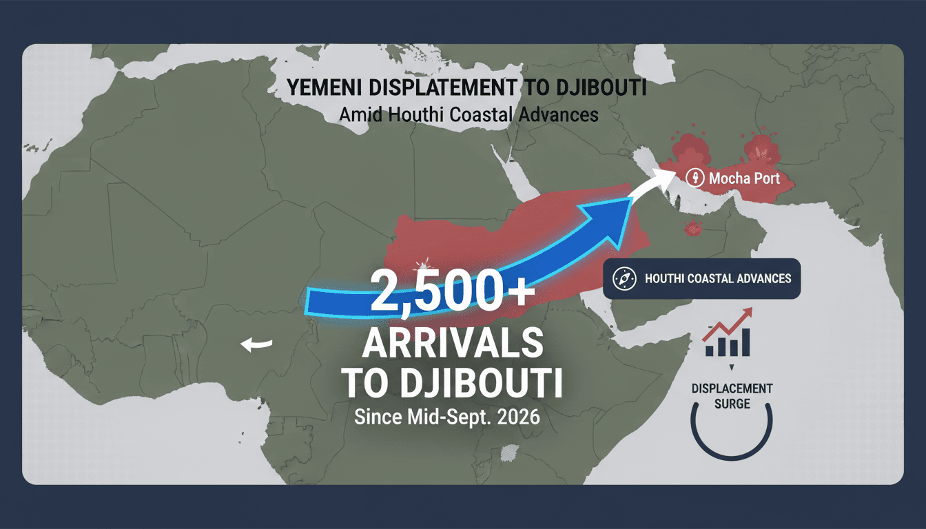 Map showing the route of Yemeni refugees fleeing to Djibouti, highlighting the Bab el-Mandeb Strait and key statistics on displacement.
