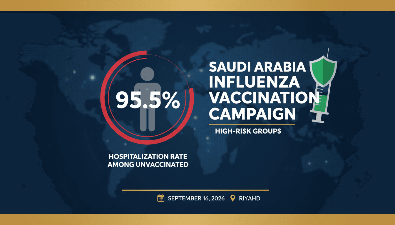 Infographic detailing Saudi Arabia's 2026 flu vaccination campaign and its focus on high-risk groups.