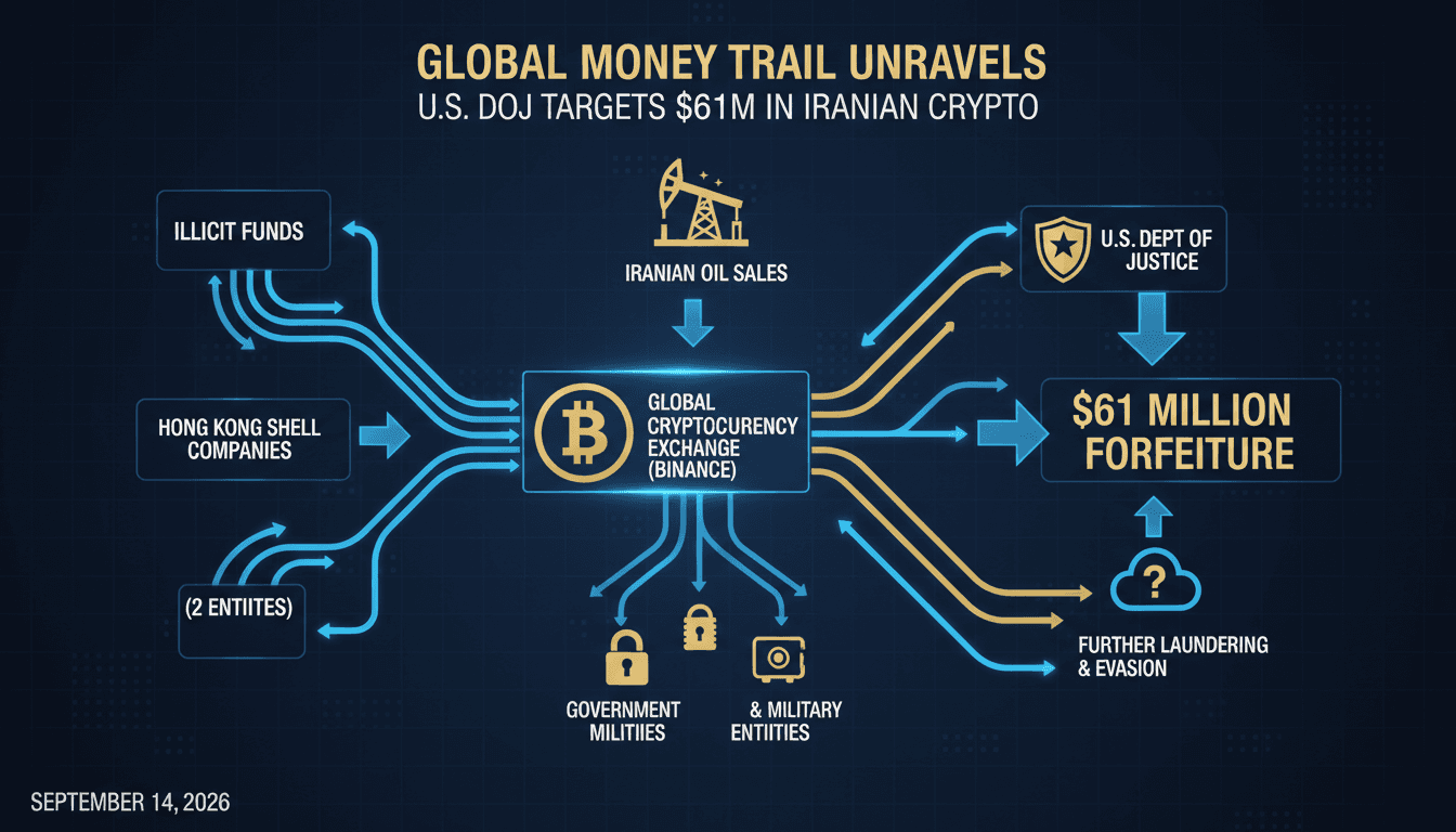 Infographic showing the flow of funds from Iranian oil sales through cryptocurrency exchanges to various entities.