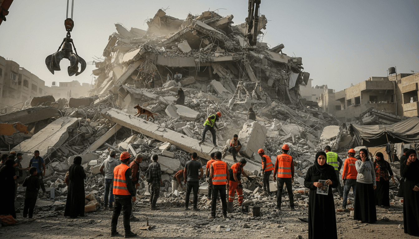 Rescue operations at the collapsed building site in Gaza City, highlighting the humanitarian crisis and structural risks.