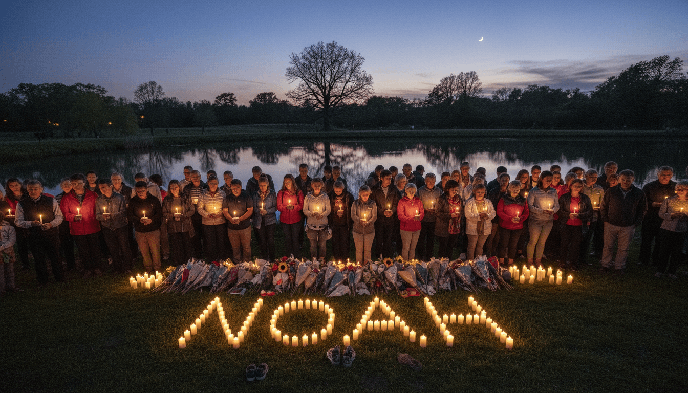 Community members gather to honor Noah Woods with candles and flowers, showcasing local support.