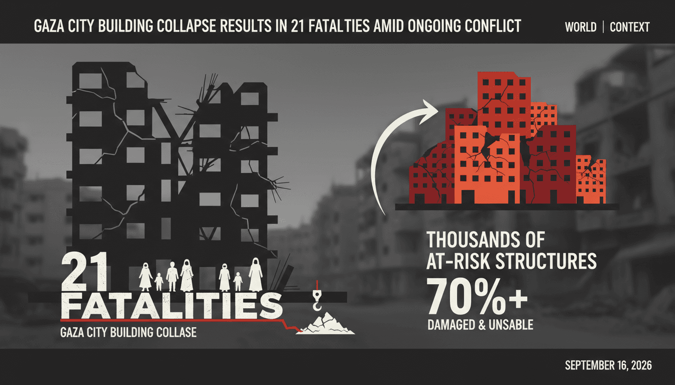 Rescue efforts at the collapsed Al-Saada building in Gaza City, highlighting the humanitarian crisis for displaced persons.