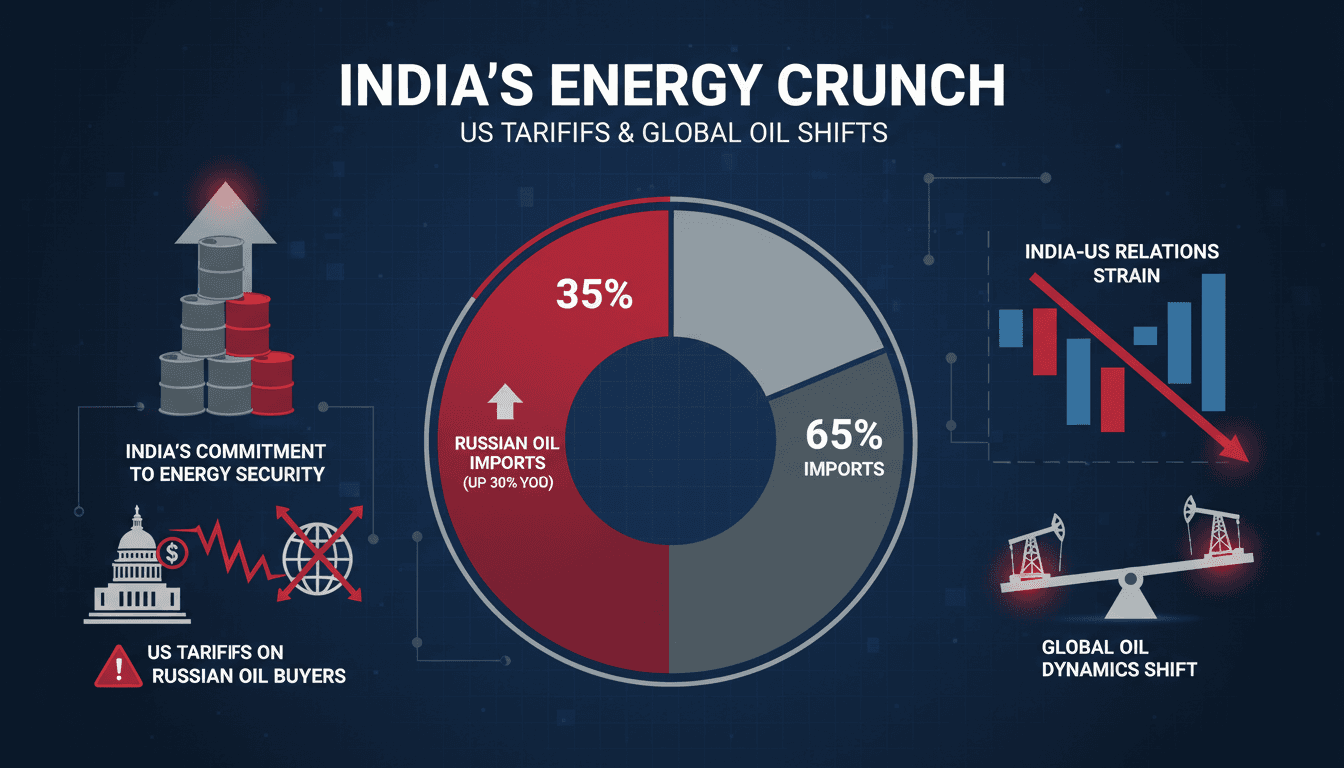 Infographic illustrating India's oil import percentages and the effects of US tariffs on Russian oil buyers.
