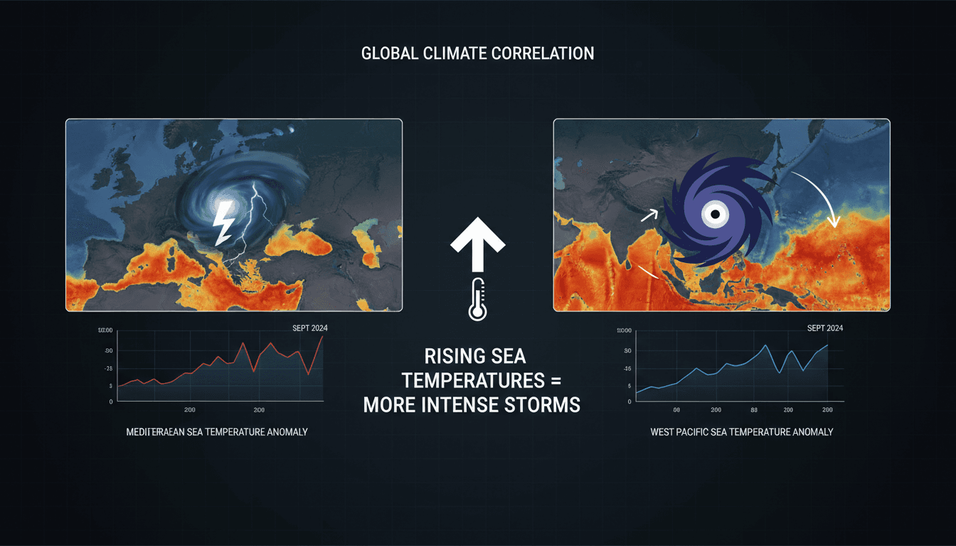 Infographic showing the link between rising sea temperatures and increased storm intensity.