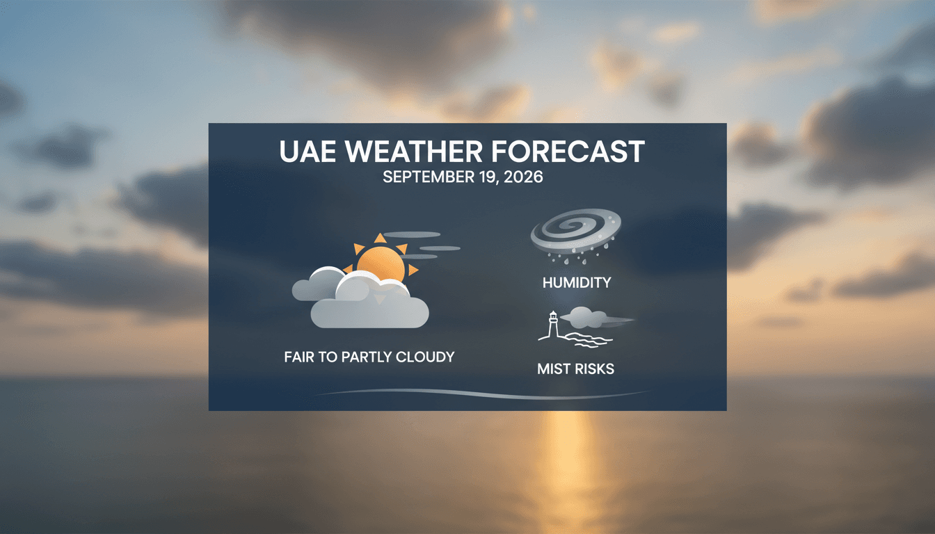 A weather forecast graphic showing fair to partly cloudy skies with humidity and mist risks for the UAE.
