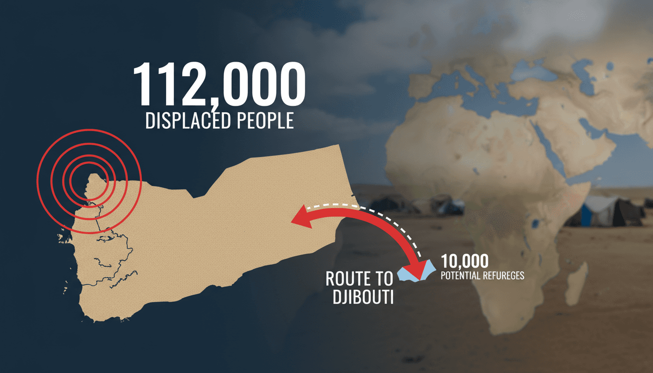 Infographic showing the displacement of 112,000 people in Yemen and their journey to Djibouti.