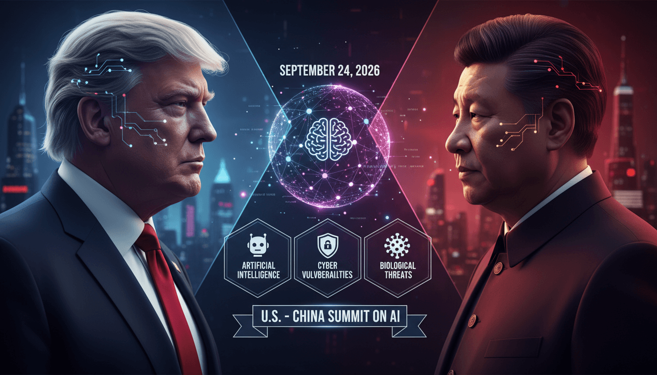 Infographic detailing the Trump-Xi summit on AI, highlighting key participants and discussion topics.
