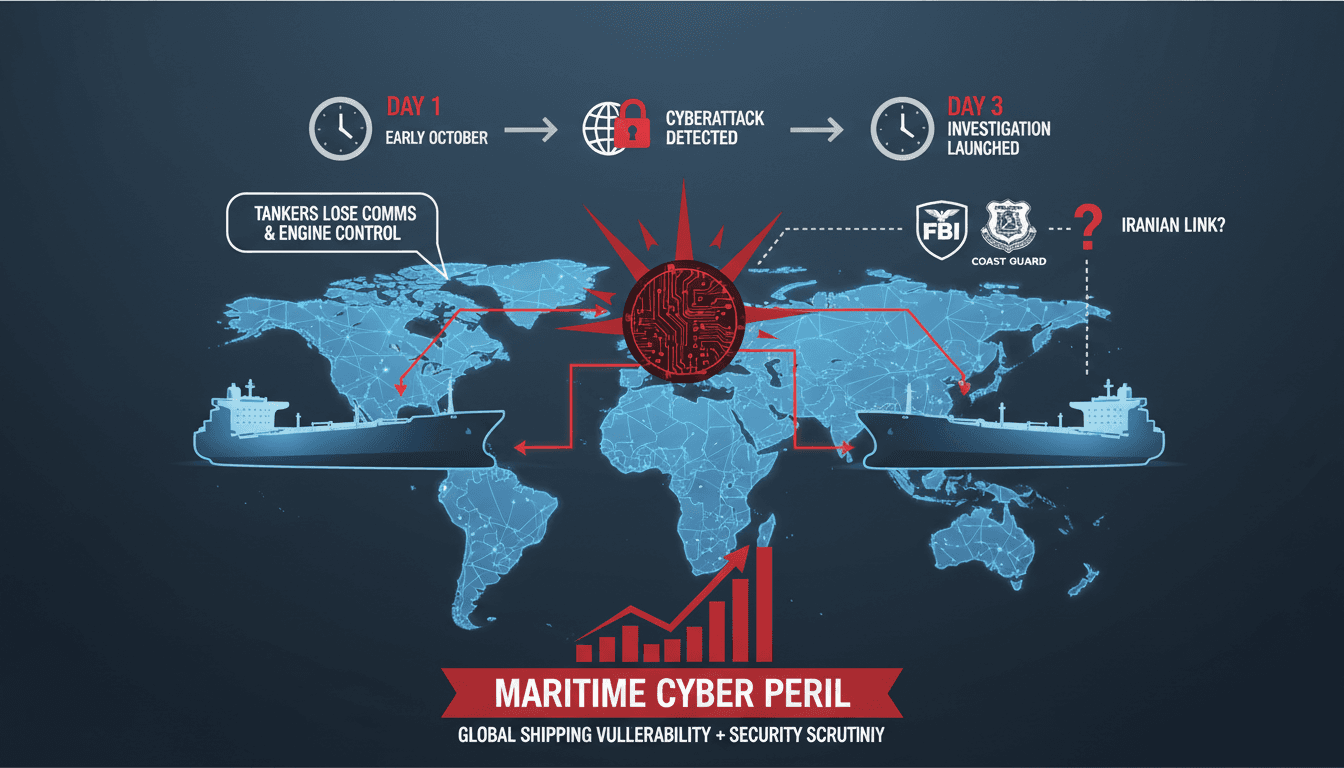 Infographic showing timeline of cyberattacks on oil tankers and implications for maritime security.