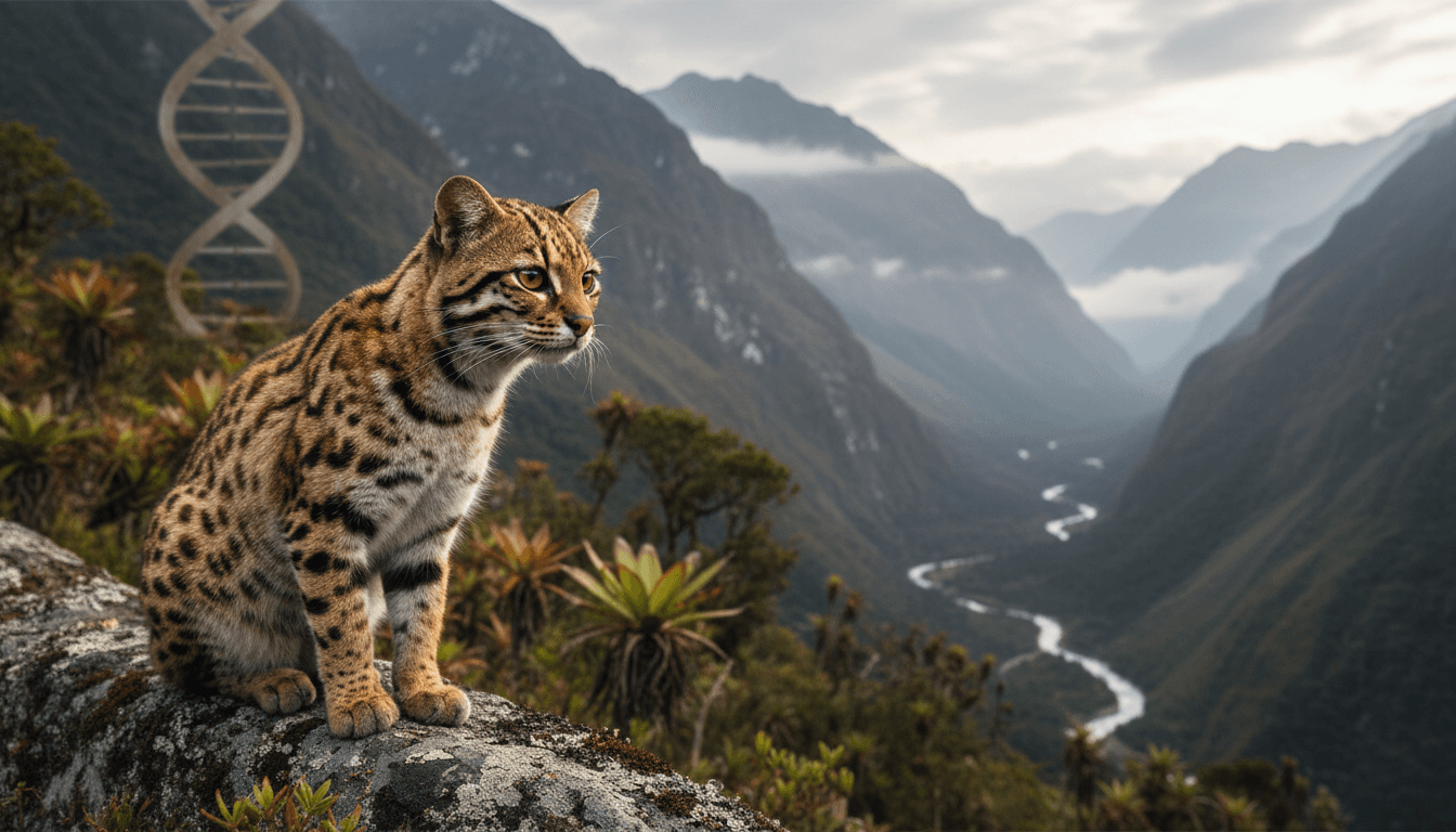 A Leopardus tilcayo in the Yungas cloud forest, showcasing its unique features and habitat.