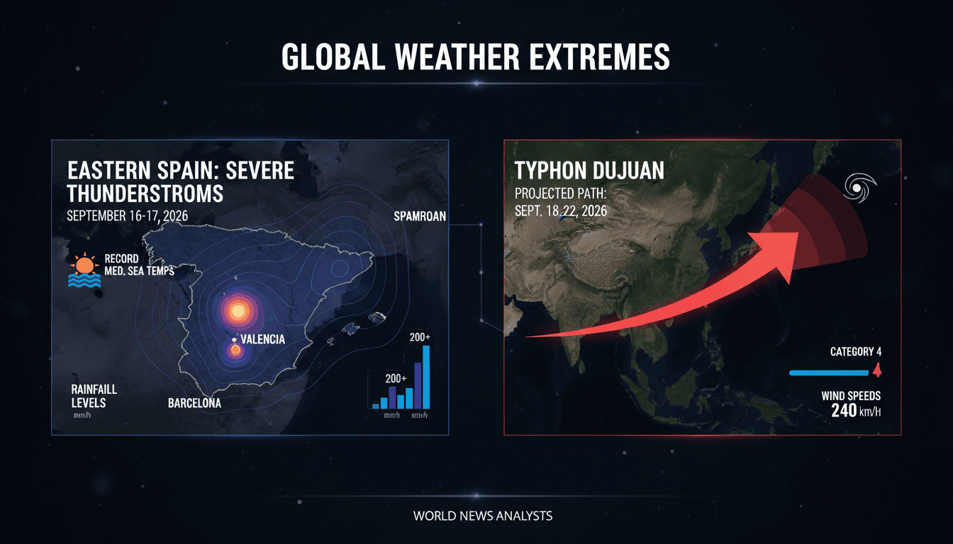 Infographic showing rainfall levels in Spain and Typhoon Dujuan's projected path toward Japan.