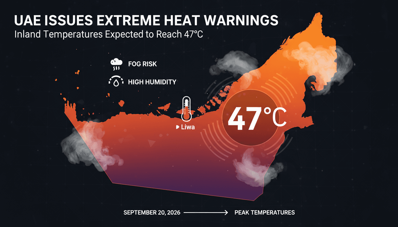 Infographic showing UAE's forecasted temperatures and humidity levels for September 2026.