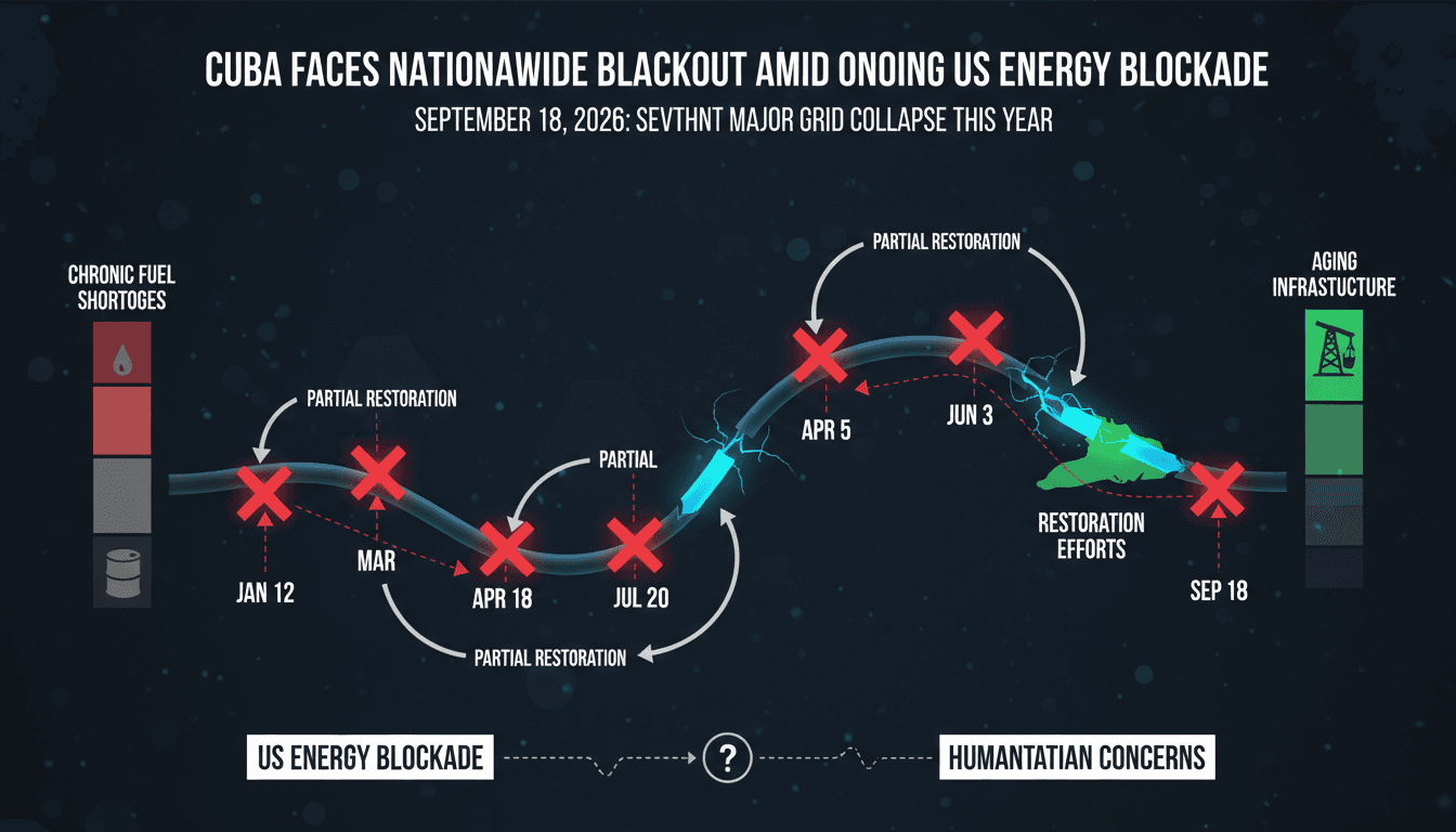 A visual representation of Cuba's power grid collapse and restoration efforts, highlighting the impact of the energy blockade.