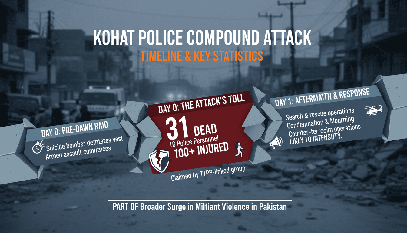 Infographic detailing the suicide bombing and assault on Kohat police compound, including key statistics and timeline.