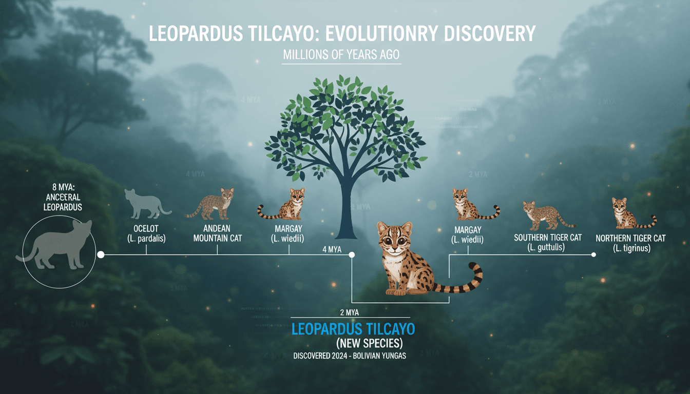 Infographic showing the evolutionary timeline of Leopardus tilcayo and its relatives.