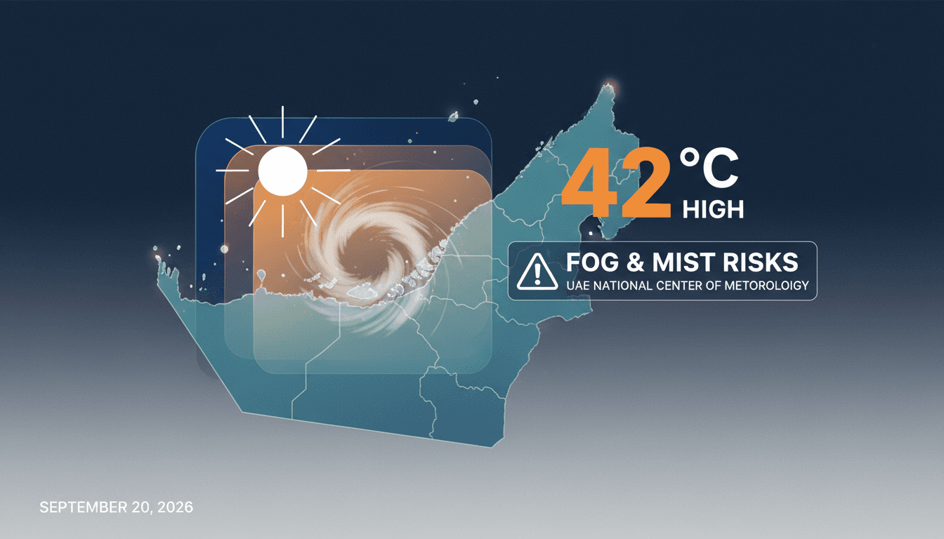 A weather graphic showing high temperatures and fog risks in the UAE.
