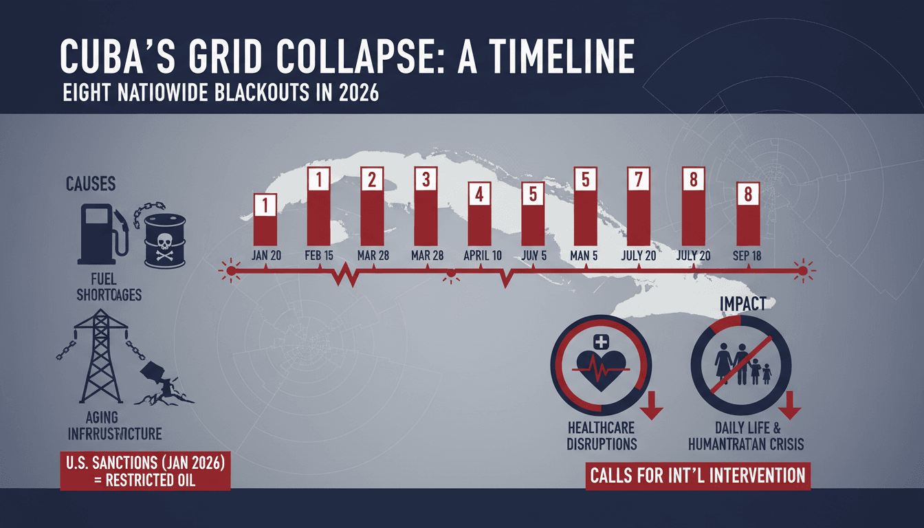 Infographic showing the timeline of Cuba's blackouts and their impact on daily life and healthcare services.