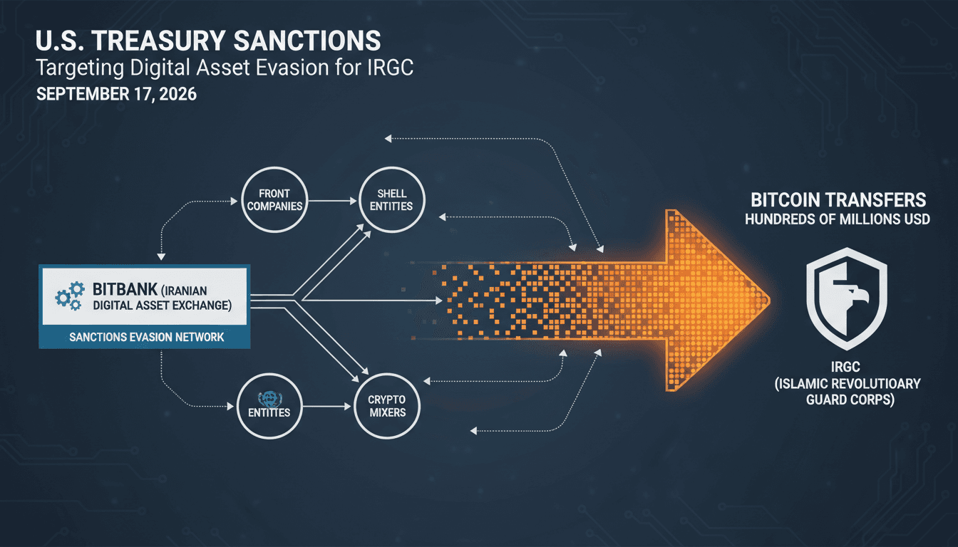 Infographic showing Bitcoin flow from BitBank to IRGC, highlighting U.S. sanctions impact on crypto compliance.