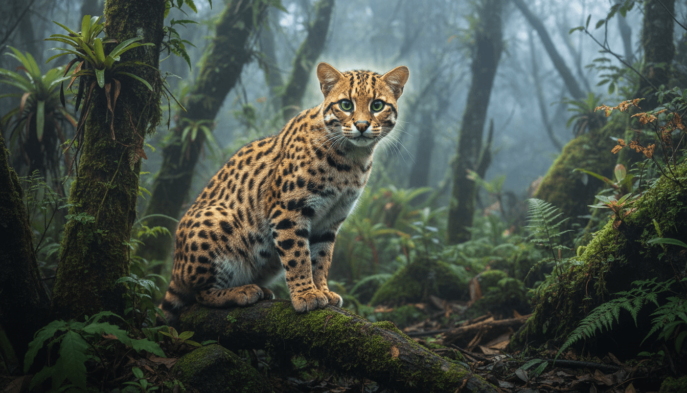 A Leopardus tilcayo in the Yungas cloud forest, showcasing its unique spotted coat.