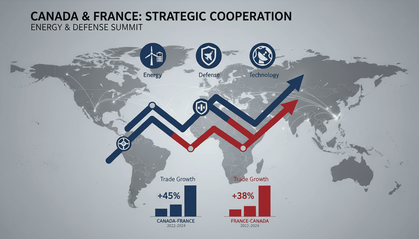 Infographic illustrating the growth in Canada-France trade and key cooperation areas in energy and defense.
