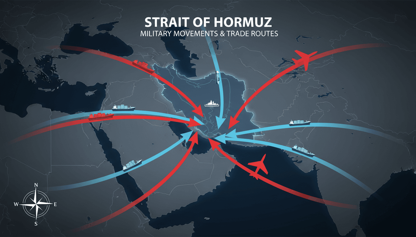 A map of the Strait of Hormuz highlighting military movements and trade routes amid US-Iran tensions.