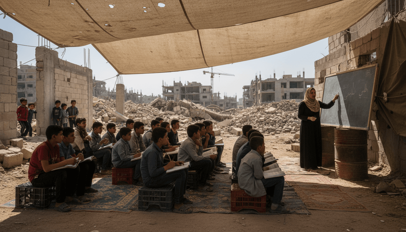 Students in Gaza attending classes in makeshift tents and damaged schools after a ceasefire.