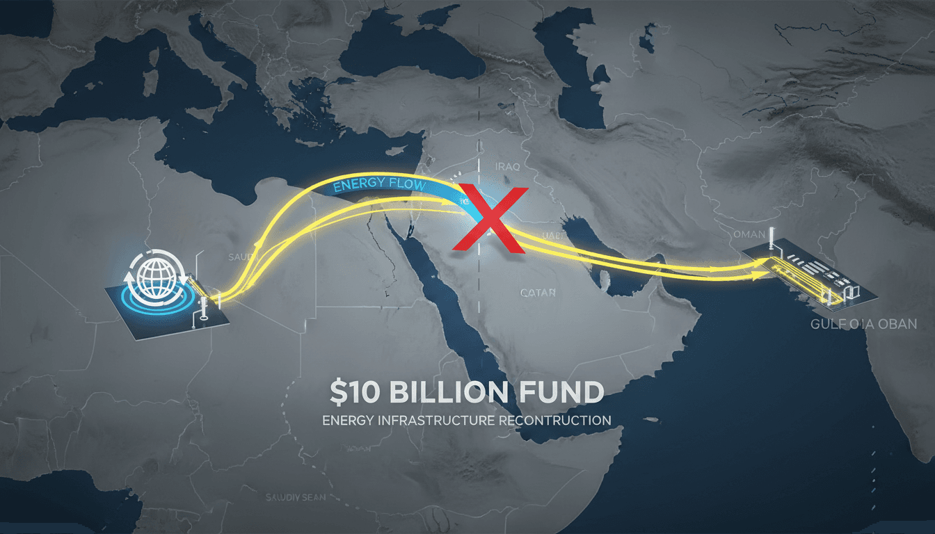 Infographic showing energy supply routes in the Gulf and the impact of the proposed $10 billion reconstruction fund.