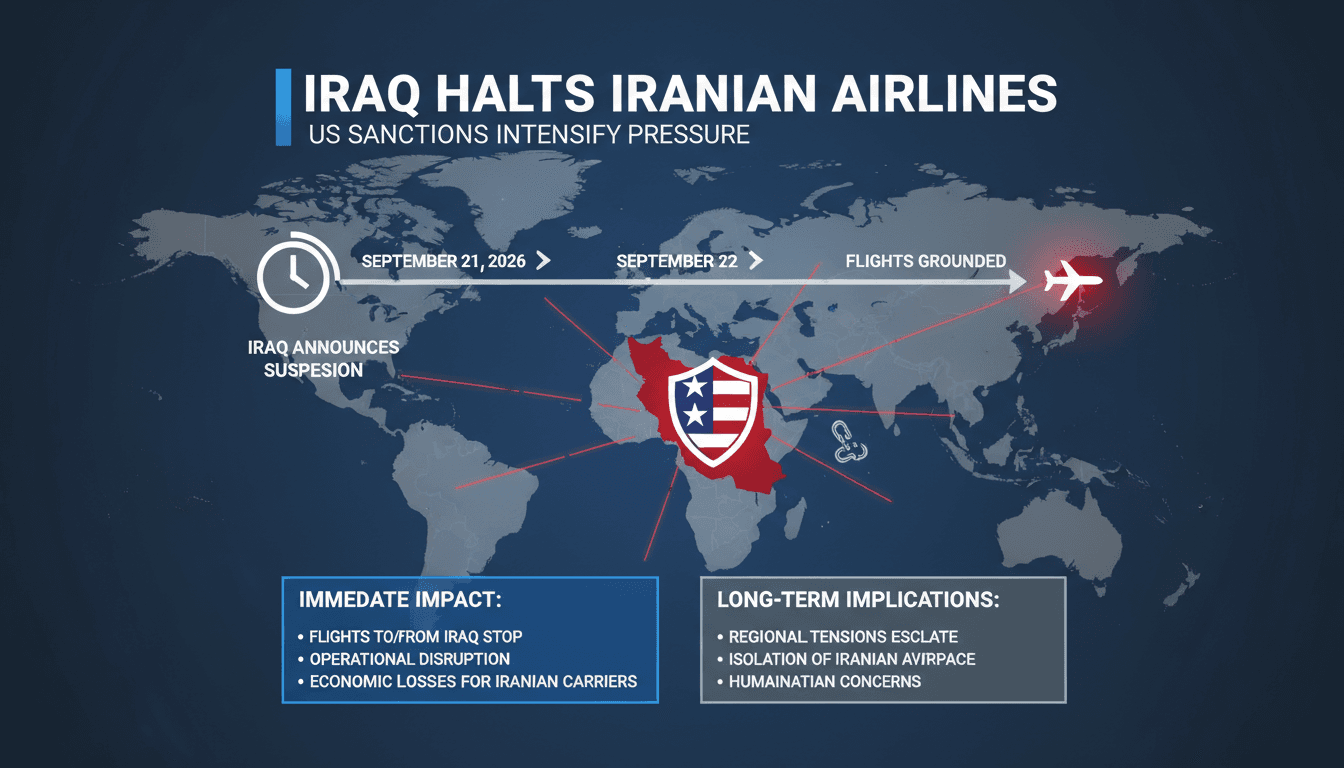 Infographic detailing Iraq's suspension of US-sanctioned Iranian airlines and its impact on regional air travel.