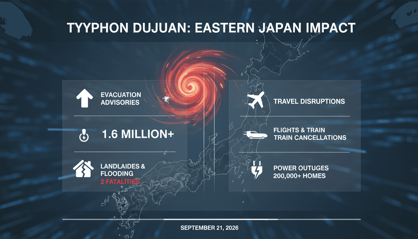 Infographic detailing Typhoon Dujuan's impact on Japan, including evacuation numbers and travel disruptions.