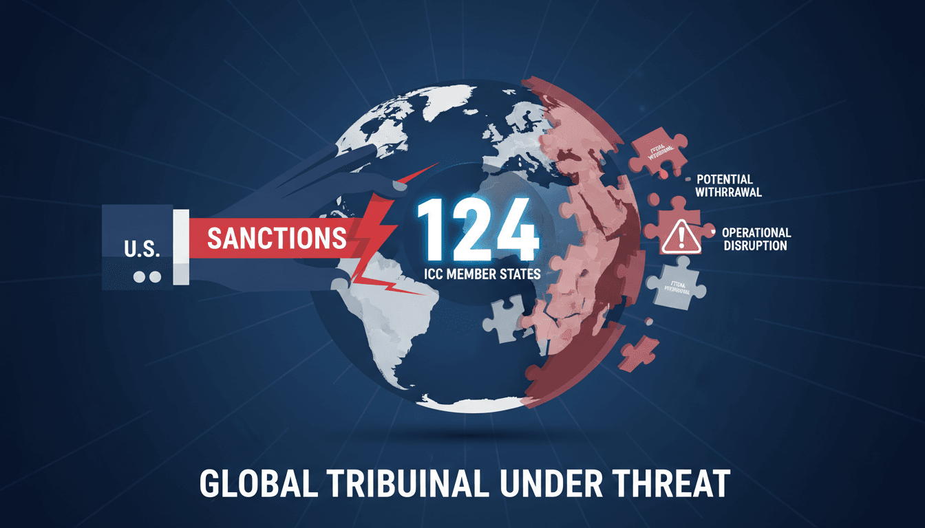 Infographic showing ICC member states and potential impacts of U.S. sanctions on international law.